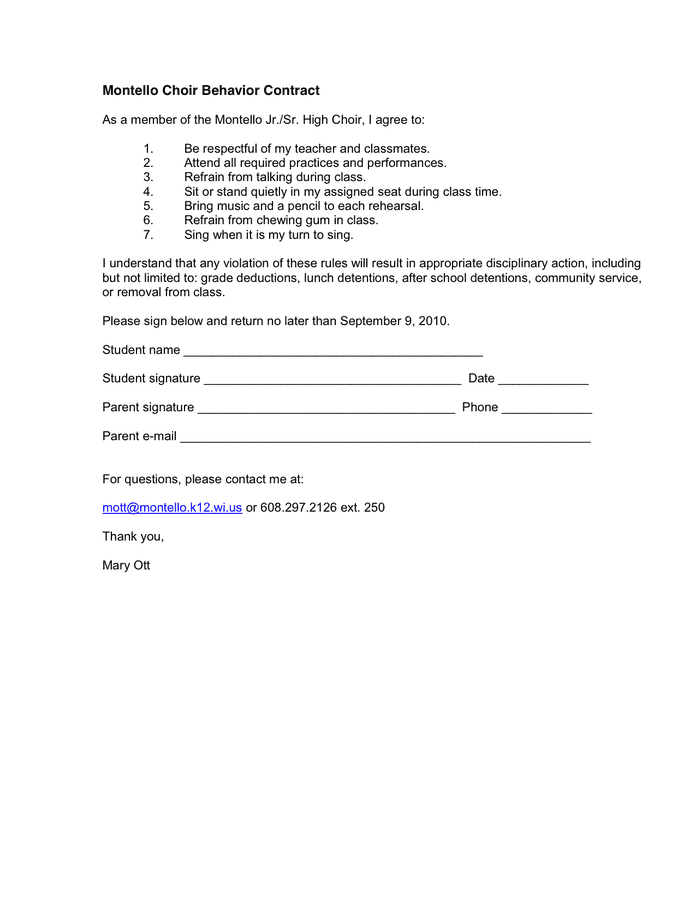 Choir Behavior Contract in Word and Pdf formats