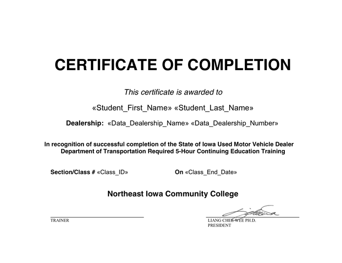 CERTIFICATE OF COMPLETION In Word And Pdf Formats