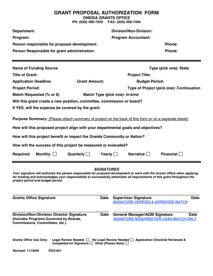 GRANT PROPOSAL AUTHORIZATION FORM in Word and Pdf formats