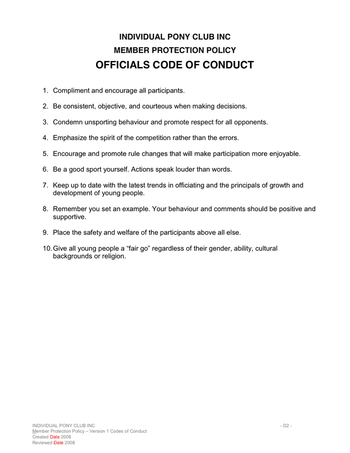 COACH’S CODE OF CONDUCT In Word And Pdf Formats - Page 2 Of 8