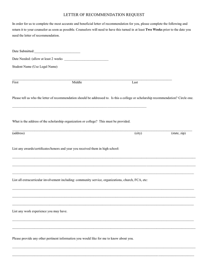 Letter Of Recommendation Request In Word And Pdf Formats