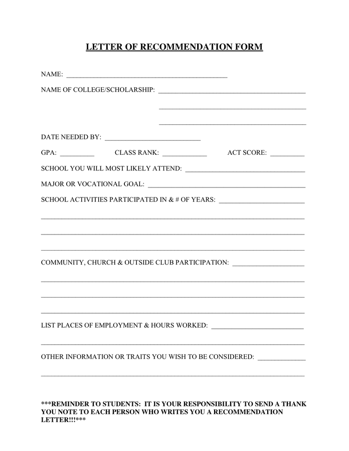 LETTER OF RECOMMENDATION FORM In Word And Pdf Formats