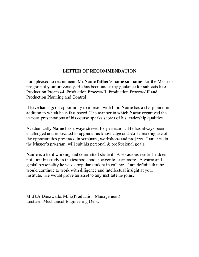 LETTER OF RECOMMENDATION in Word and Pdf formats