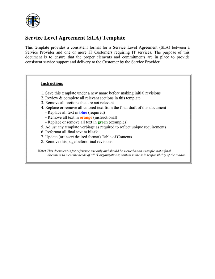 Standard Sla Agreement Template