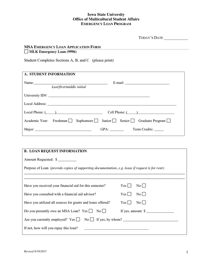 EMERGENCY LOAN APPLICATION FORM in Word and Pdf formats