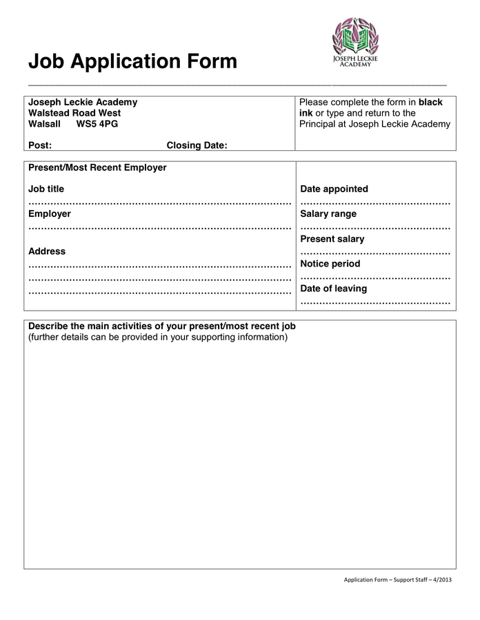 Sample Job Application - download free documents for PDF, Word and Excel