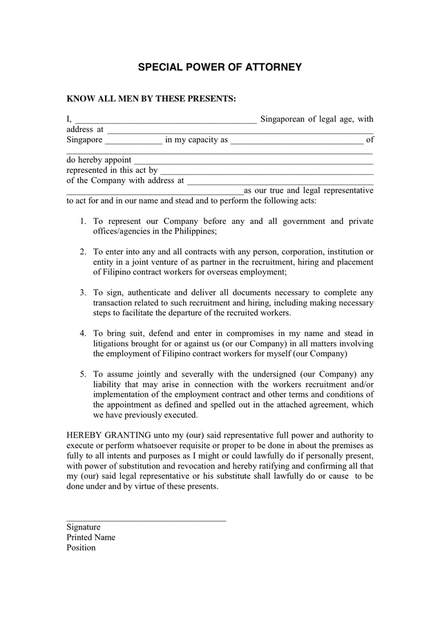 Special Power Of Attorney Form Download Free Documents For Pdf Word 1562