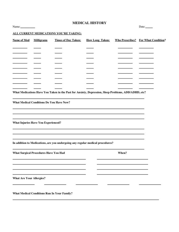 Medical History Form - download free documents for PDF, Word and Excel