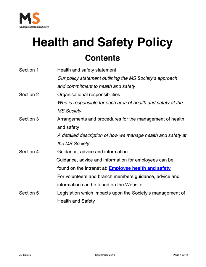 Printable Health And Safety Policy