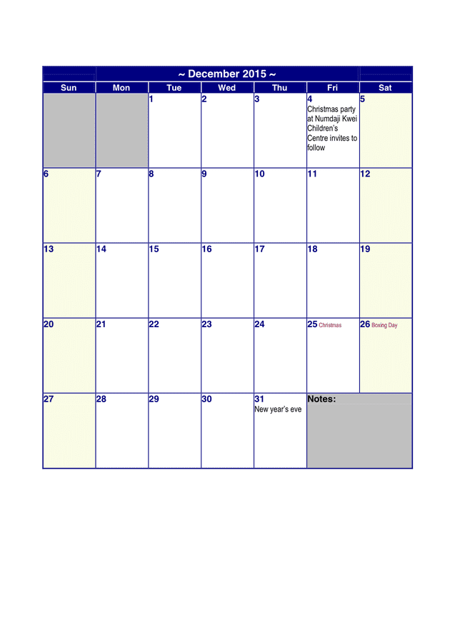 December 15 Calendar In Word And Pdf Formats