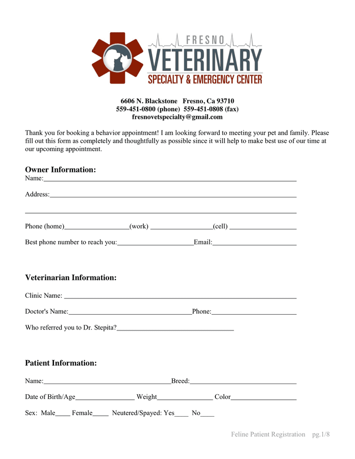 Canine Patient Registration Form in Word and Pdf formats