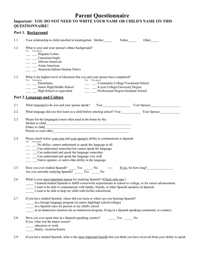 Parent Questionnaire In Word And Pdf Formats Page 2 Of 5