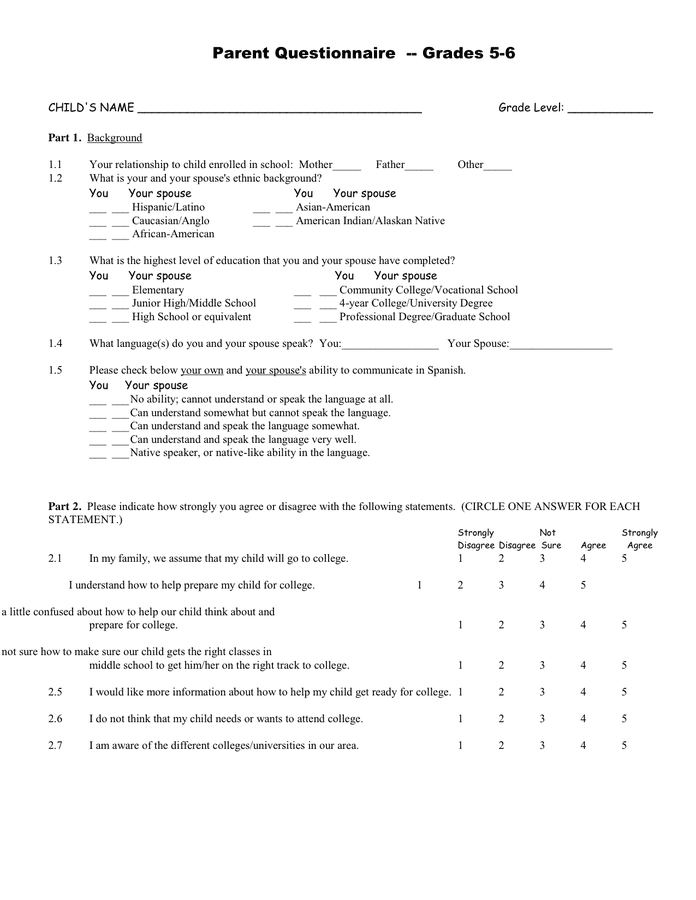 Parent Questionnaire In Word And Pdf Formats Page 5 Of 5