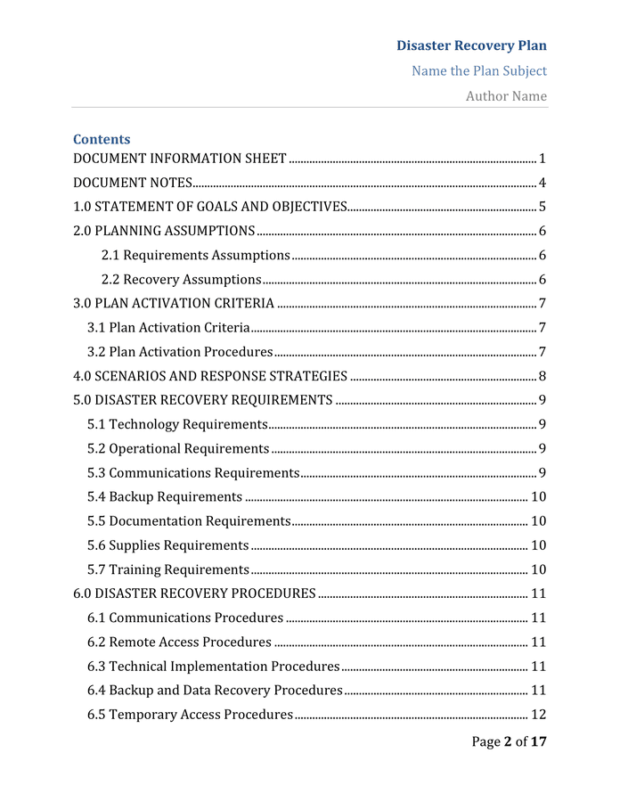 Disaster Recovery Plan Template in Word and Pdf formats page 2 of 17