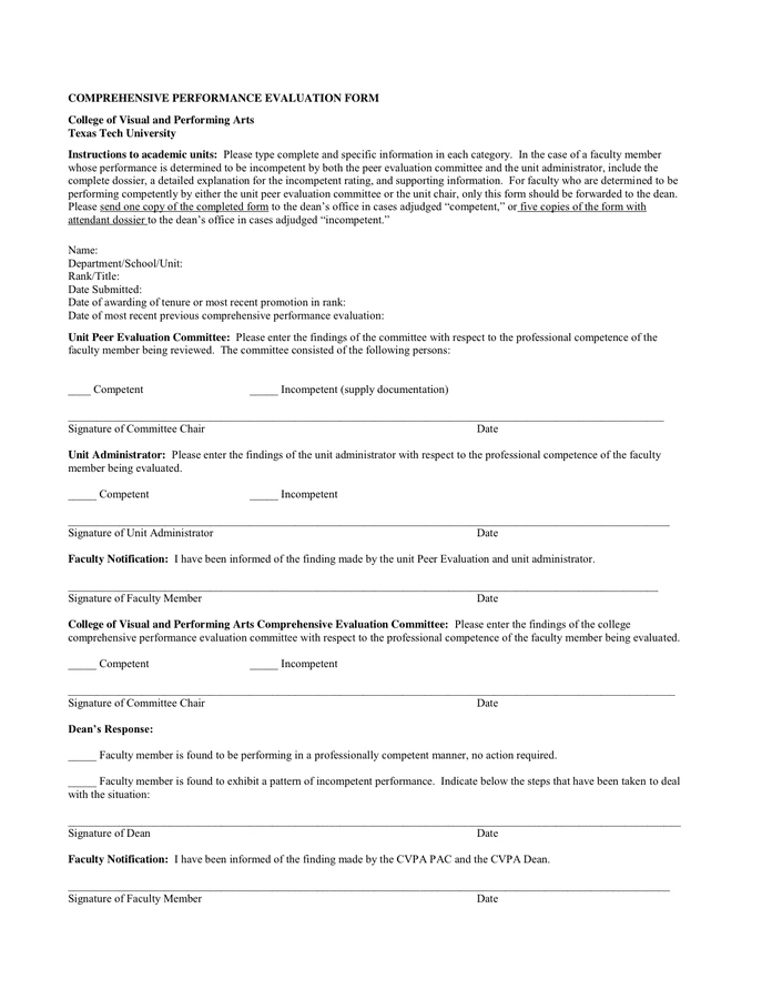 Comprehensive performance evaluation form in word and pdf formats