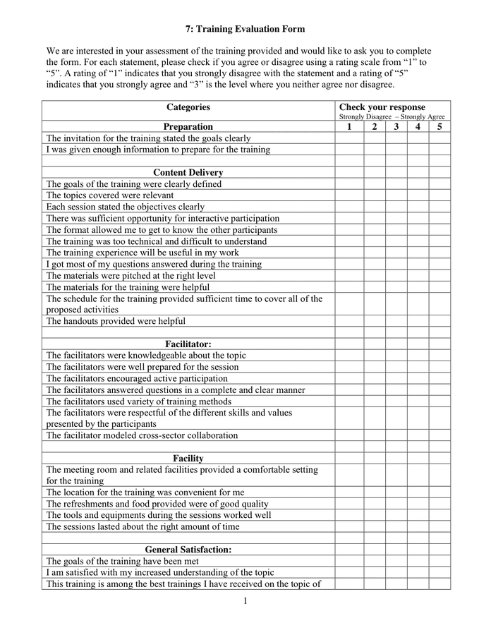 Training Evaluation Form in Word and Pdf formats