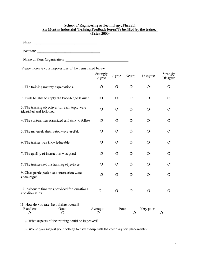 Sample Training Evaluation Form in Word and Pdf formats