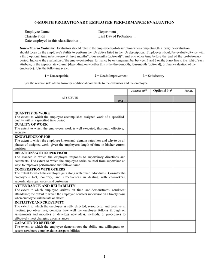 PROBATIONARY EMPLOYEE PERFORMANCE EVALUATION in Word and Pdf formats