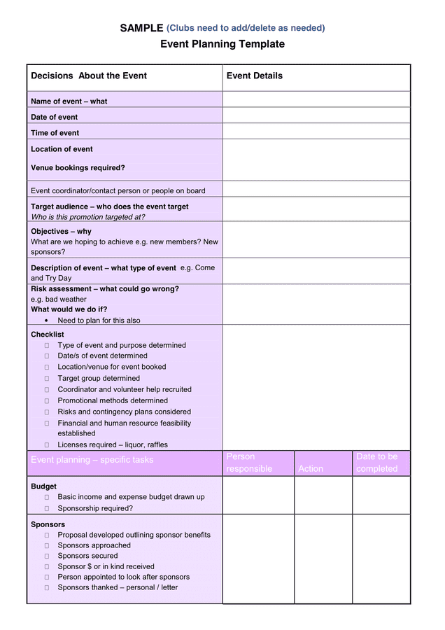 Event planning template in Word and Pdf formats