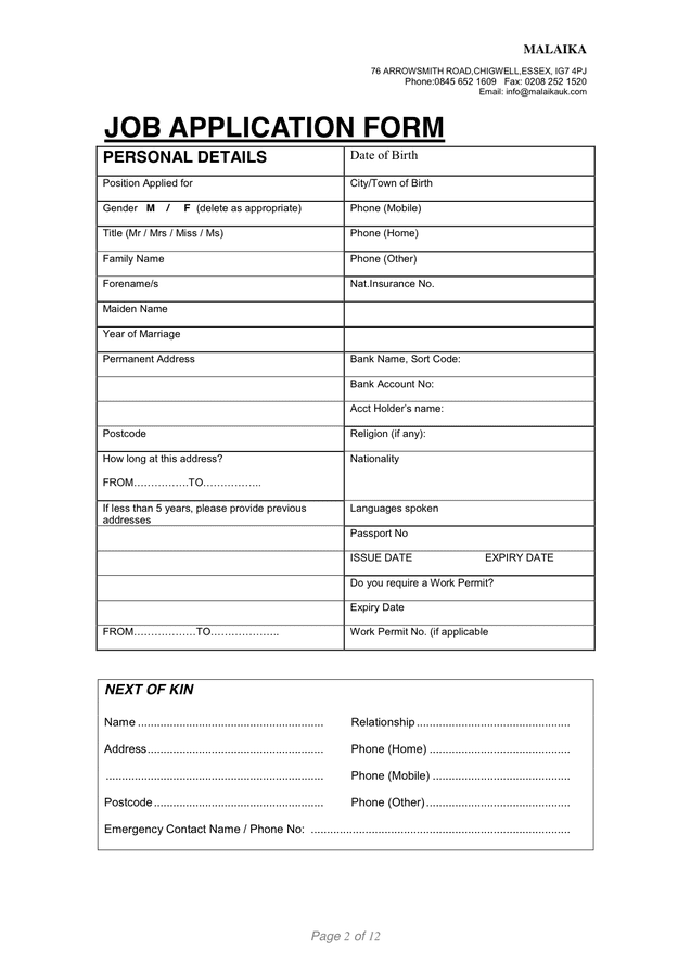 JOB APPLICATION FORM in Word and Pdf formats - page 2 of 12