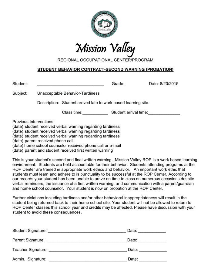 STUDENT BEHAVIOR CONTRACT In Word And Pdf Formats