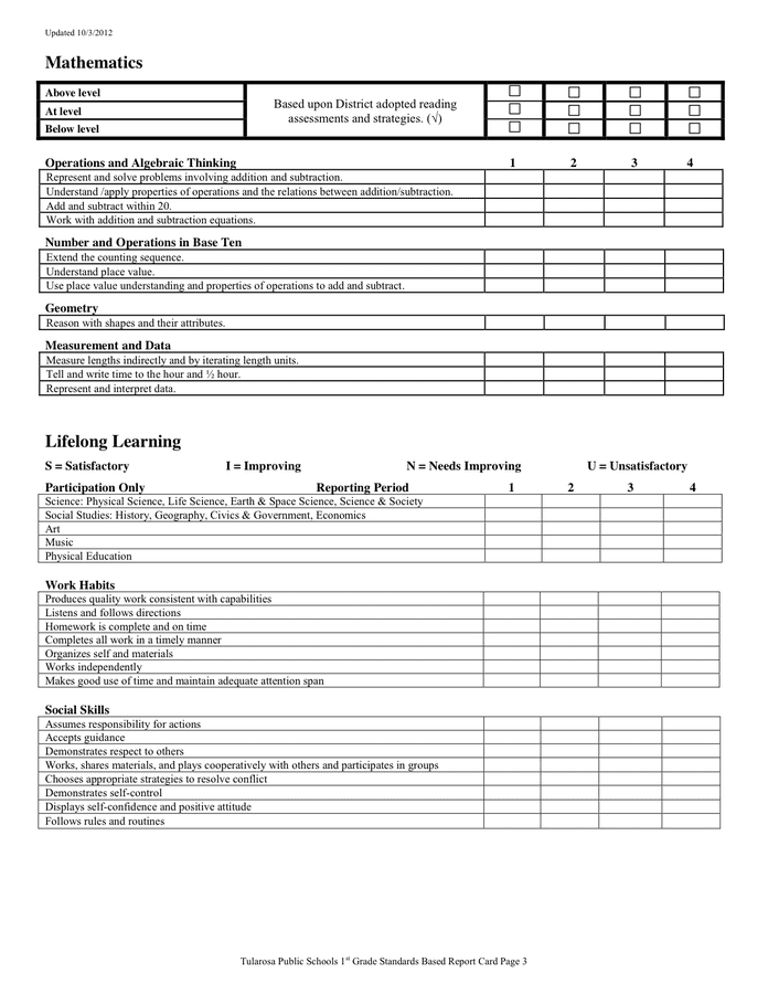 First Grade Progress Report in Word and Pdf formats - page 3 of 4