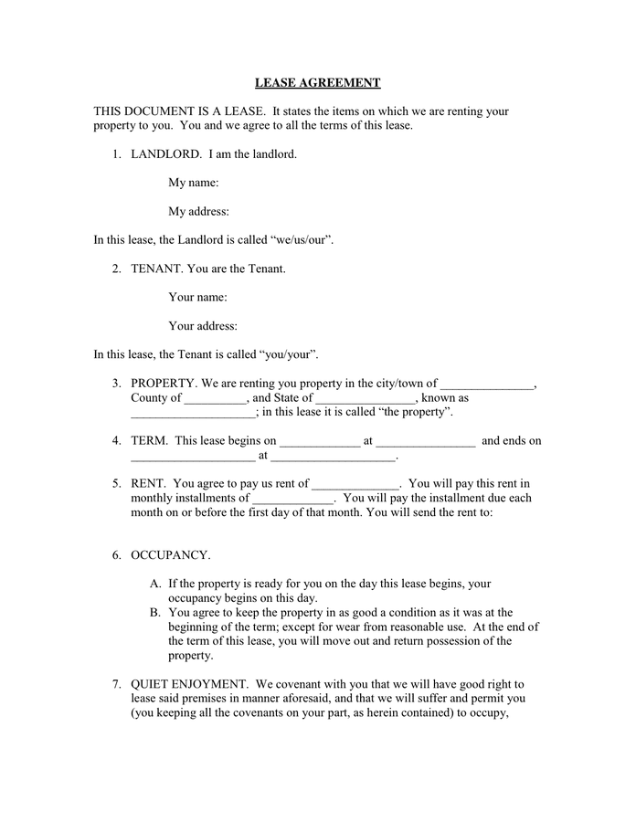 LEASE AGREEMENT in Word and Pdf formats