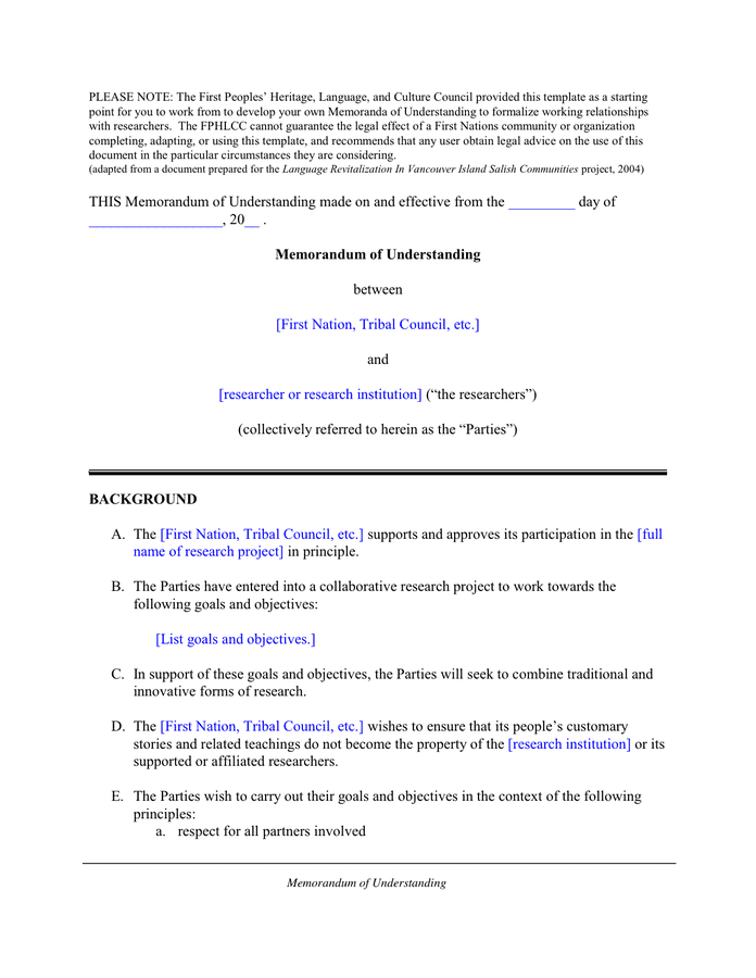 Memorandum of Understanding in Word and Pdf formats