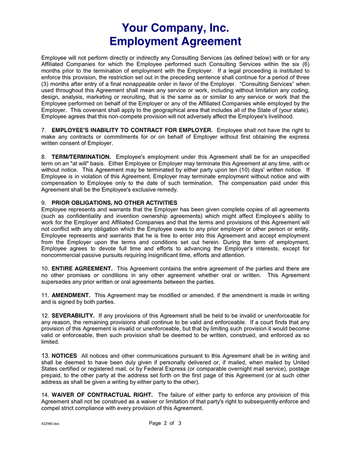 Employee Employment Agreement in Word and Pdf formats page 2 of 3