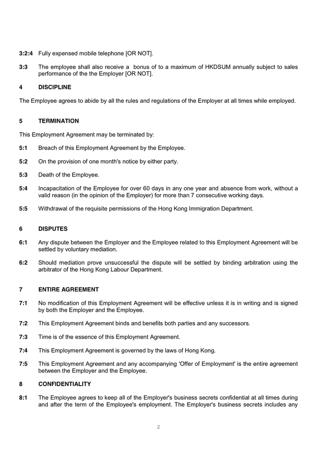 Employment Contract Template in Word and Pdf formats - page 2 of 3