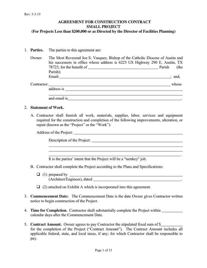 Construction Contract Form Templates