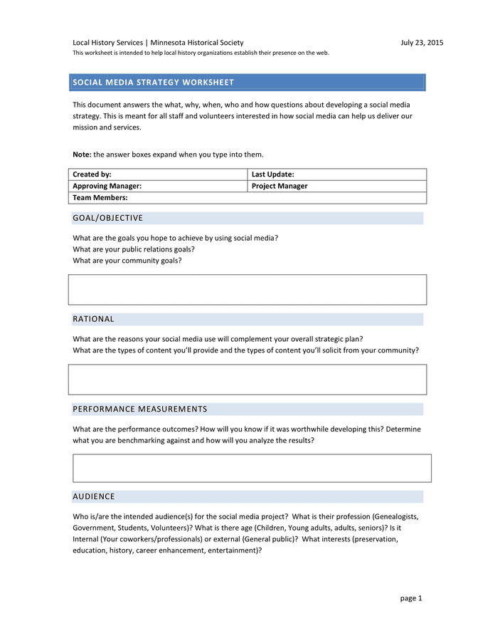 Social Media Strategy Worksheet in Word and Pdf formats