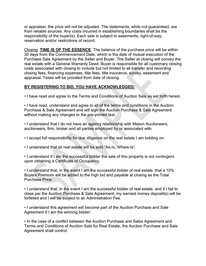 AUCTION PURCHASE AND SALE AGREEMENT in Word and Pdf formats page 14 of 15