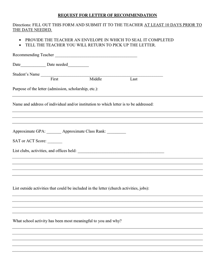 REQUEST FOR LETTER OF RECOMMENDATION in Word and Pdf formats