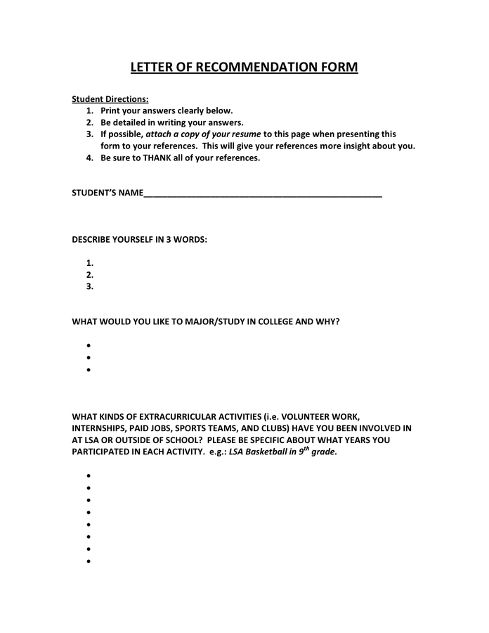 LETTER OF RECOMMENDATION FORM in Word and Pdf formats