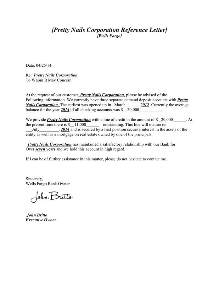 Bank Reference Letter Template