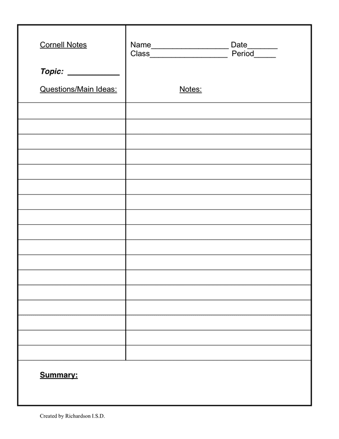 Cornell Notes in Word and Pdf formats