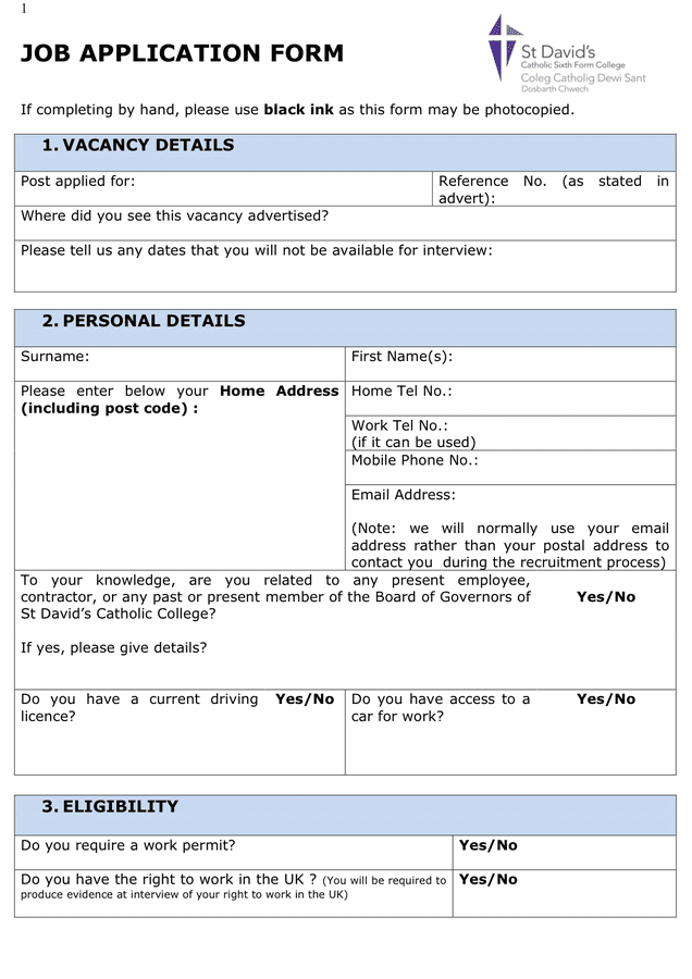 Sample Job Application - download free documents for PDF, Word and Excel