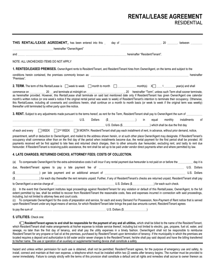 RENTAL/LEASE AGREEMENT in Word and Pdf formats