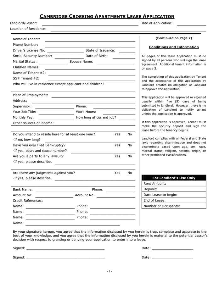 RESIDENTIAL LEASE APPLICATION in Word and Pdf formats