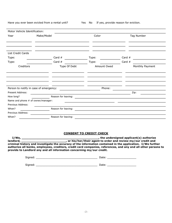 RESIDENTIAL LEASE APPLICATION in Word and Pdf formats - page 2 of 2