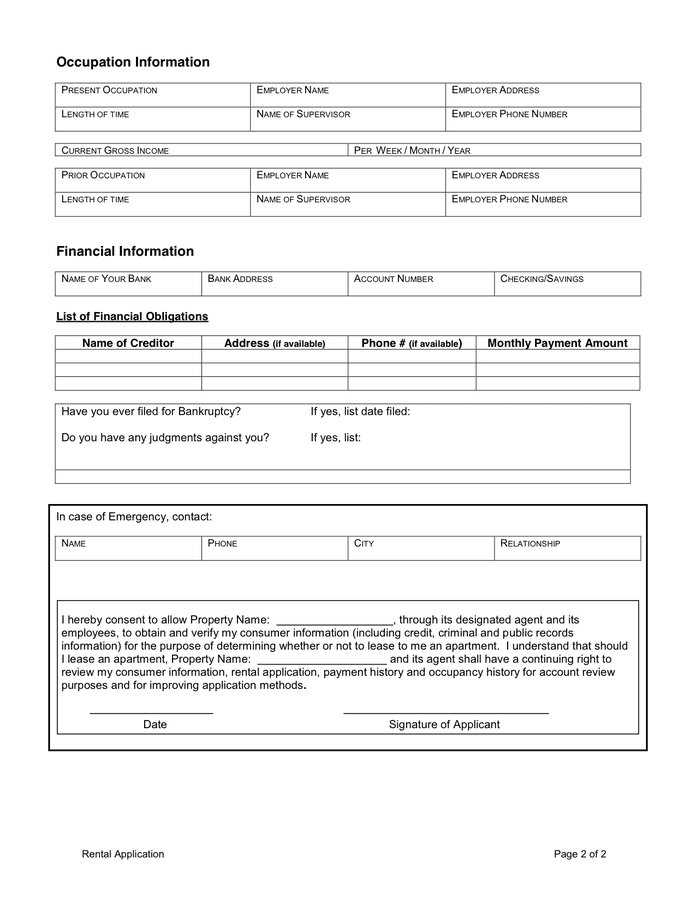 Rental Application in Word and Pdf formats - page 2 of 2