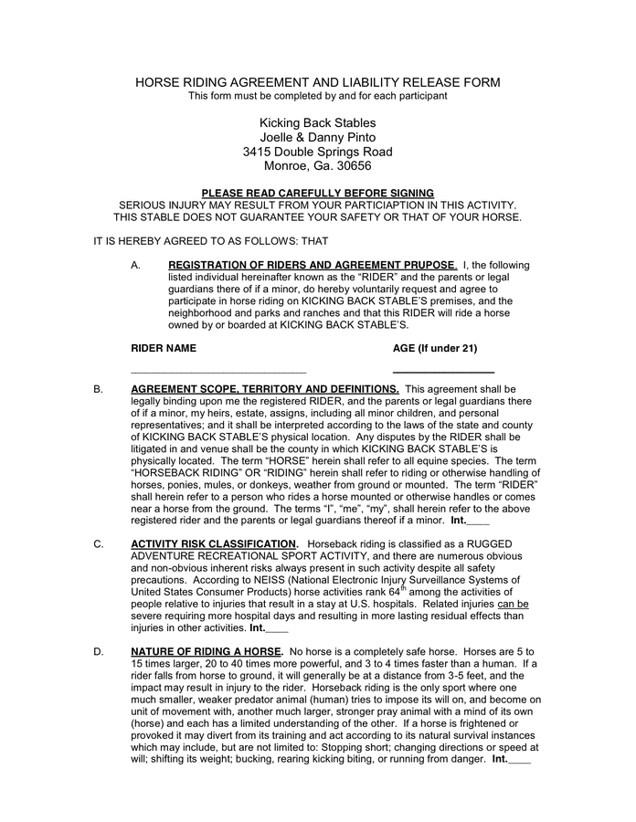Horse Riding Agreement And Liability Release Form In Word And Pdf Formats