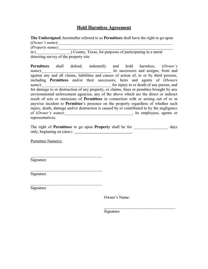Hold Harmless Agreement in Word and Pdf formats