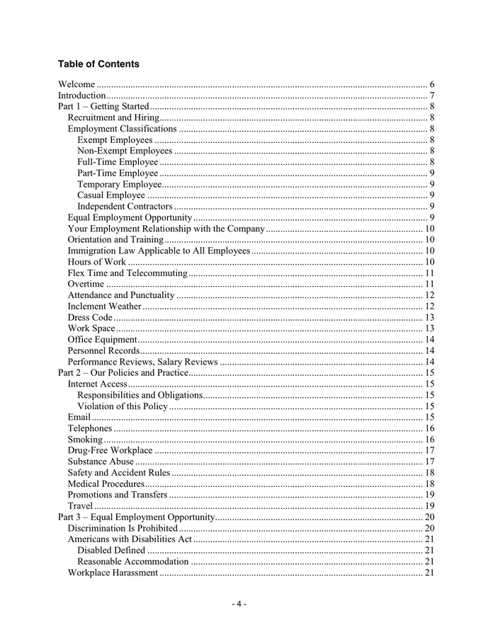 Sample Employee Handbook in Word and Pdf formats page 4 of 35