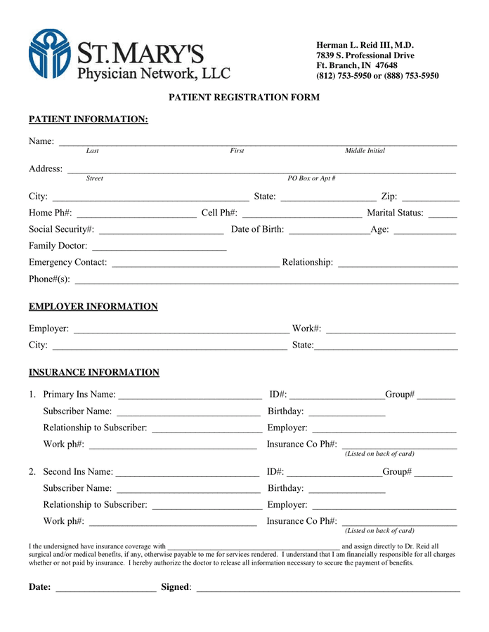 Patient Registration Form download free documents for PDF, Word and Excel