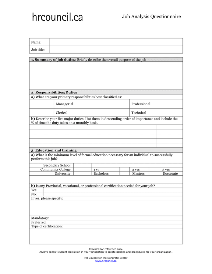 Sample Job Analysis Questionnaire In Word And Pdf Formats
