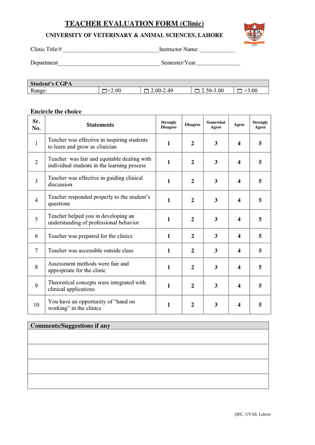 TEACHER EVALUATION FORM in Word and Pdf formats