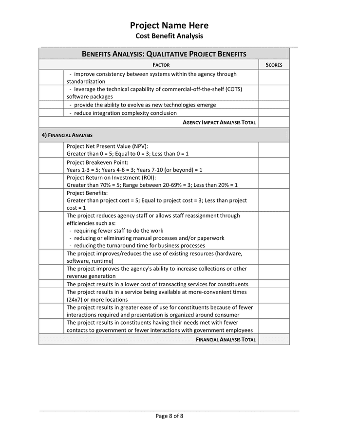 Cost Benefit Analysis in Word and Pdf formats page 8 of 8