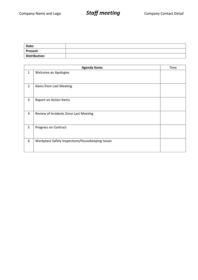 Staff Meeting Agenda Minutes Template In Word And Pdf Formats